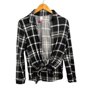 No Boundaries Black & White Plaid Tie‑Front Shirt Size S